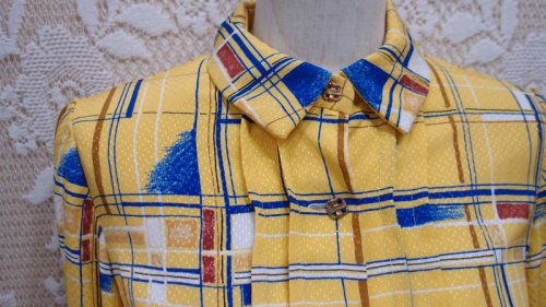 他の写真2: チェック柄 イエロー 長袖 レトロワンピース レギュラーカラー[51746]