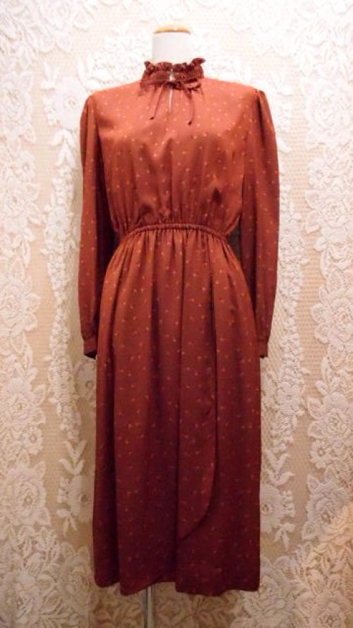 他の写真1: レトロ幾何学柄 長袖 レトロワンピース フリルカラー[55372]