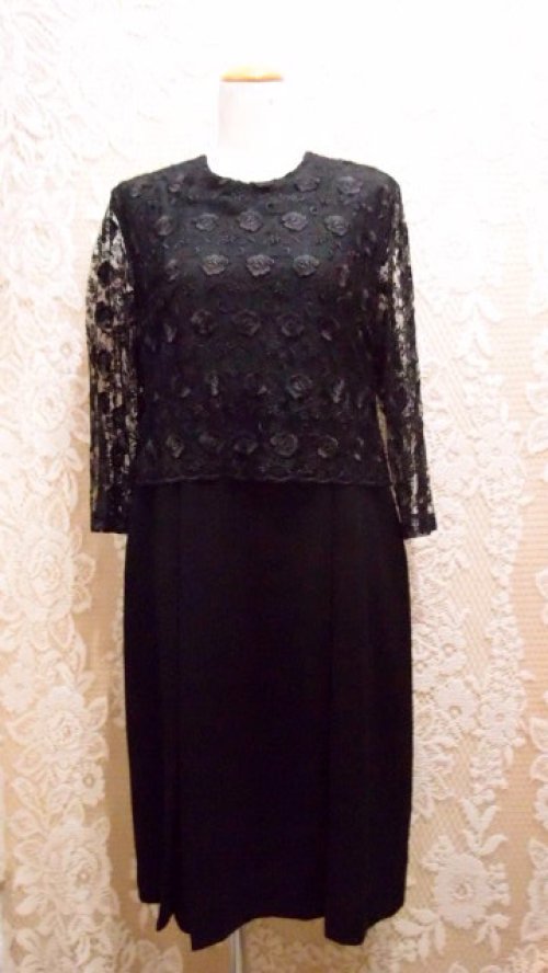 他の写真1: 無地 黒 長袖 レトロワンピース ノーカラー[55397]