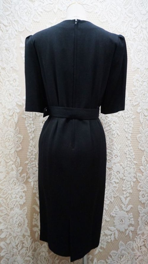 他の写真3: 無地 ブラック ノーカラー 半袖 ウール レトロワンピース [55574]