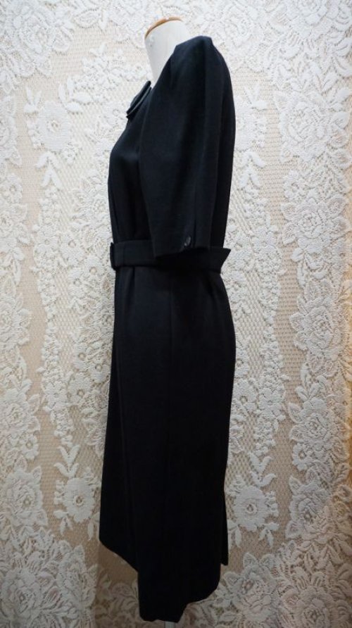 他の写真2: 無地 ブラック ノーカラー 半袖 ウール レトロワンピース [55574]