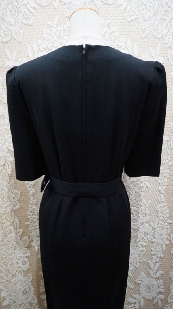 画像8: 無地 ブラック ノーカラー 半袖 ウール レトロワンピース [55574]