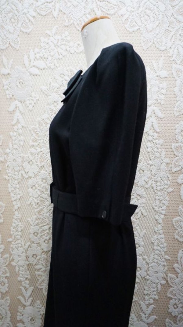 画像7: 無地 ブラック ノーカラー 半袖 ウール レトロワンピース [55574]