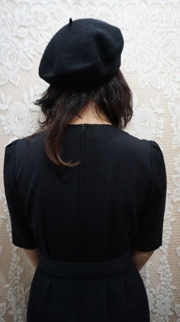 画像6: 無地 ブラック ノーカラー 半袖 ウール レトロワンピース [55574]