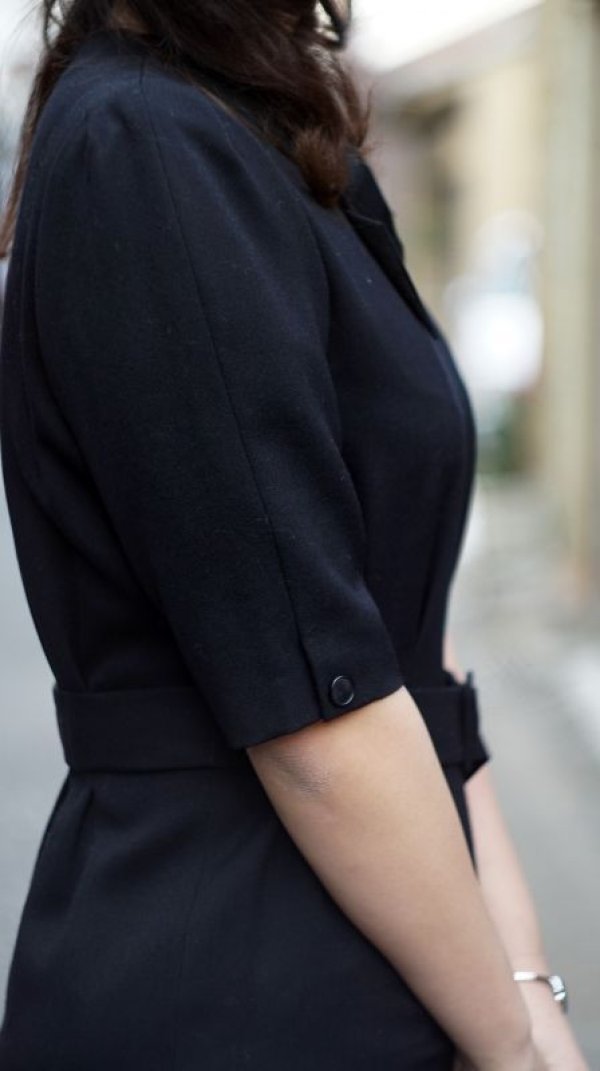 画像14: 無地 ブラック ノーカラー 半袖 ウール レトロワンピース [55574]