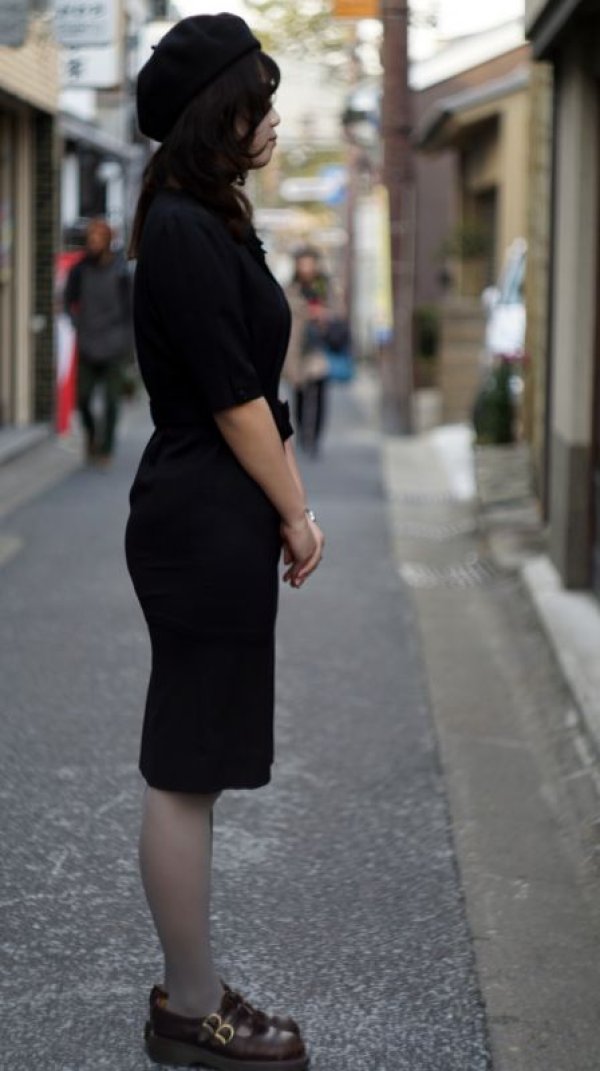 画像12: 無地 ブラック ノーカラー 半袖 ウール レトロワンピース [55574]