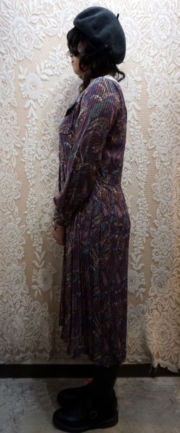 画像4: ペイズリー柄 長袖 レトロワンピース レースカラー[55581]