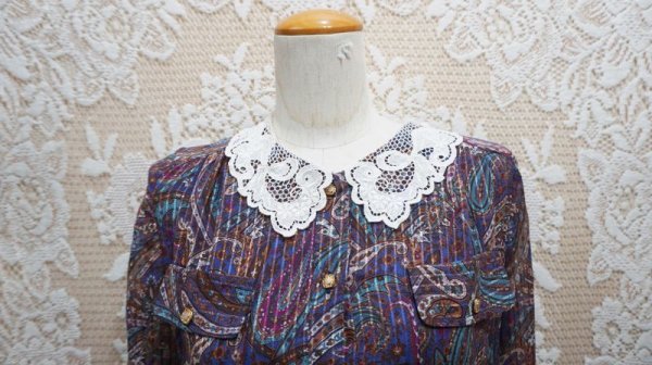 画像14: ペイズリー柄 長袖 レトロワンピース レースカラー[55581]