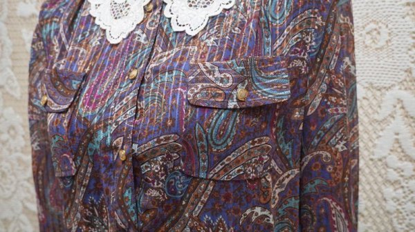 画像15: ペイズリー柄 長袖 レトロワンピース レースカラー[55581]