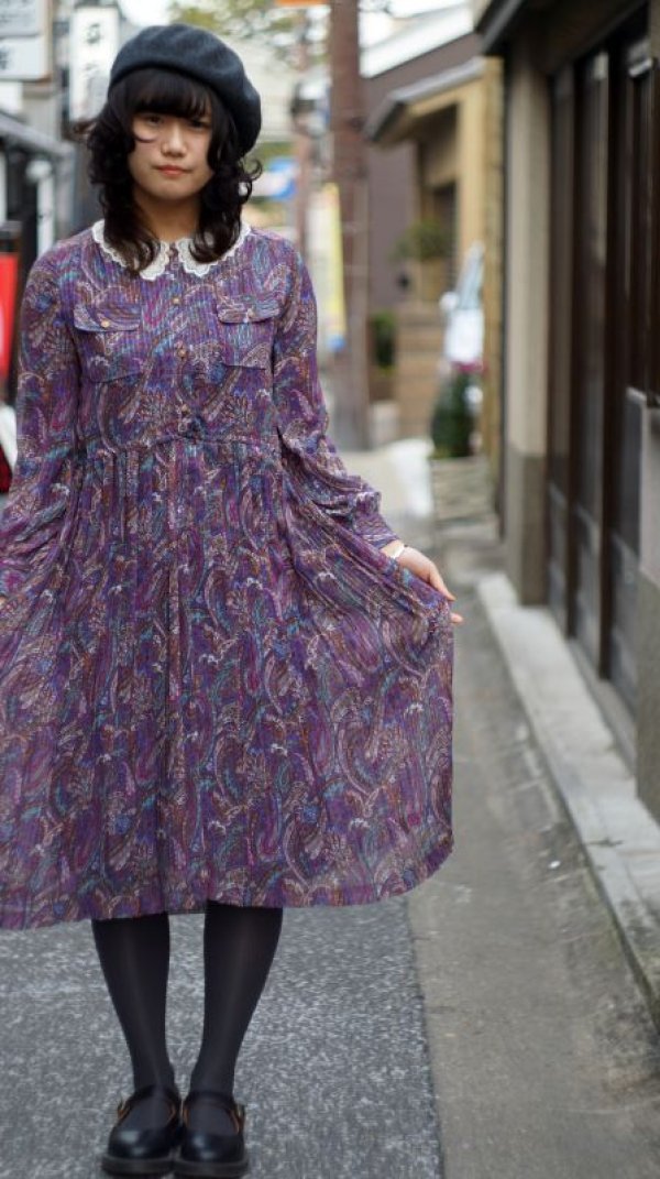 画像7: ペイズリー柄 長袖 レトロワンピース レースカラー[55581]