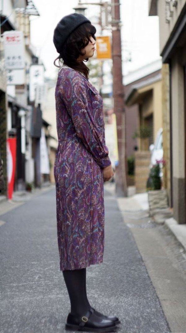 画像10: ペイズリー柄 長袖 レトロワンピース レースカラー[55581]