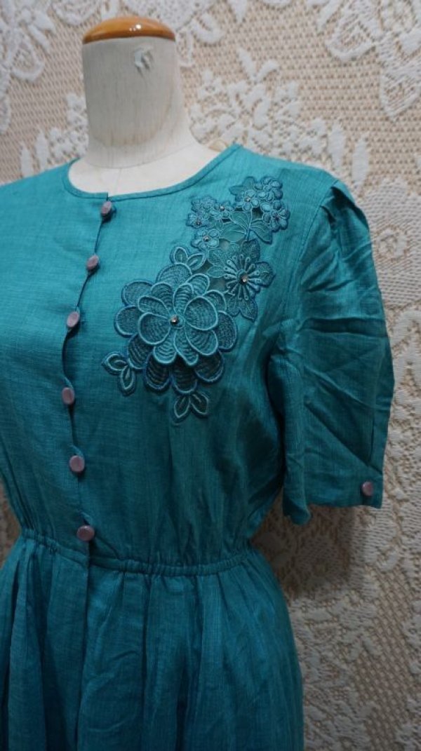 画像4: 無地 グリーン半袖 レトロワンピース[52074]