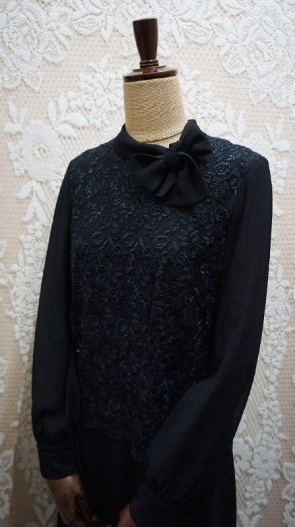 画像5: 無地 黒 長袖 レトロワンピース リボンボウタイ[55873]