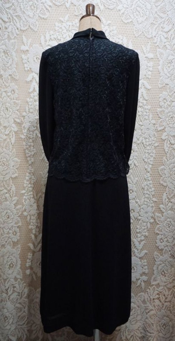 画像4: 無地 黒 長袖 レトロワンピース リボンボウタイ[55873]