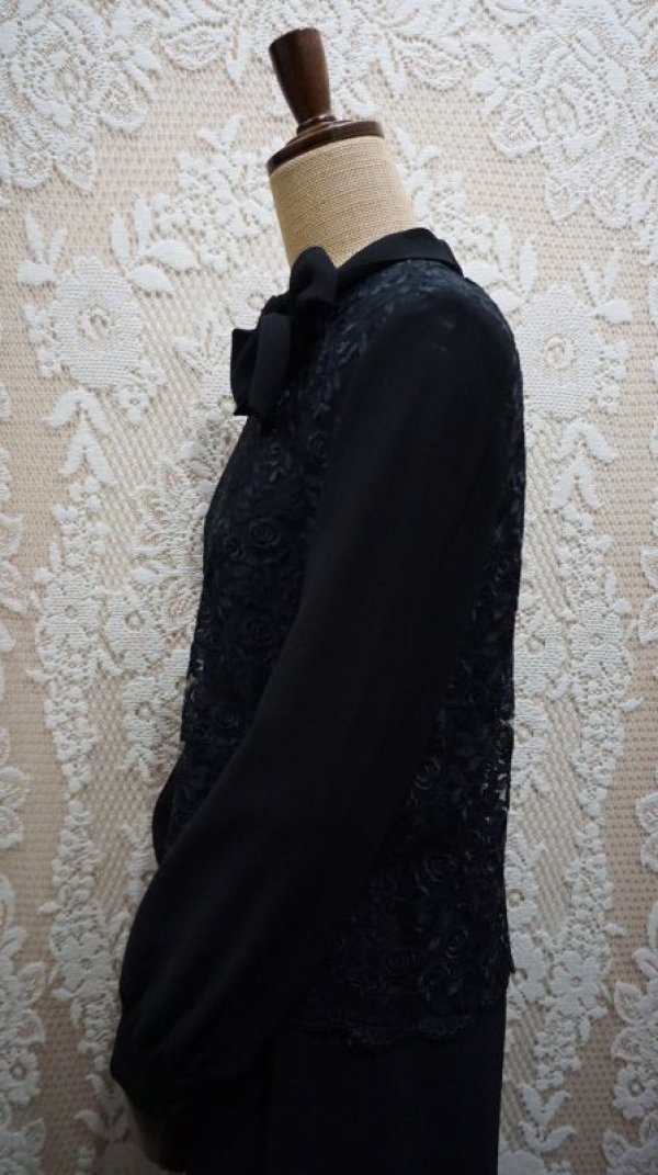 画像7: 無地 黒 長袖 レトロワンピース リボンボウタイ[55873]