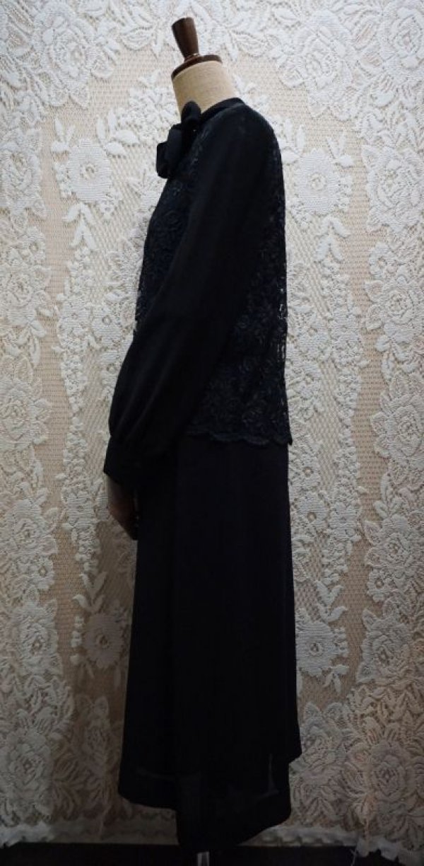 画像3: 無地 黒 長袖 レトロワンピース リボンボウタイ[55873]