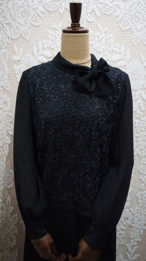 画像6: 無地 黒 長袖 レトロワンピース リボンボウタイ[55873]