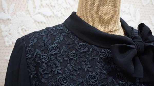 画像9: 無地 黒 長袖 レトロワンピース リボンボウタイ[55873]