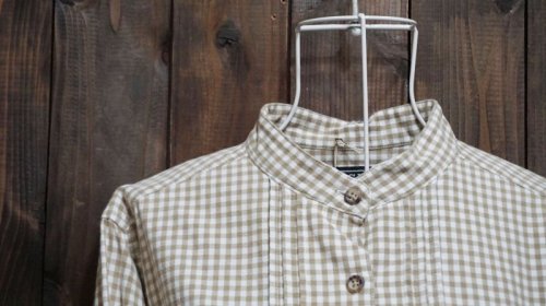 他の写真1: チェック柄 長袖ブラウス コットン ノーカラー[15321]