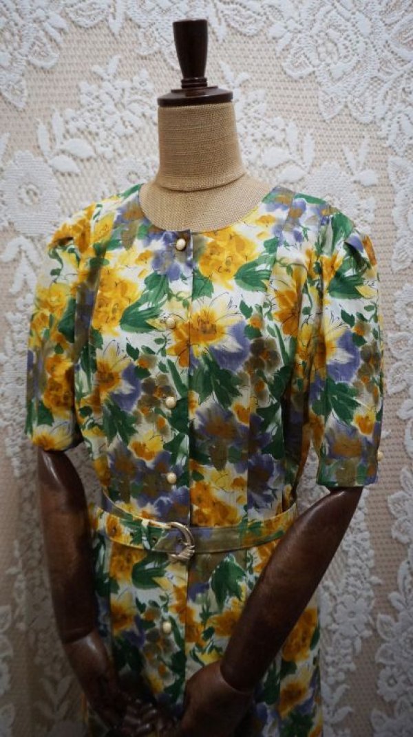 画像5: 花柄 レトロワンピース ノーカラー[52157]