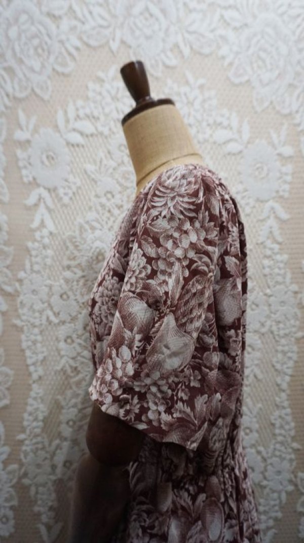 画像7: 花柄 フルーツ柄 ボルドー ワンピース ノーカラー [52196]