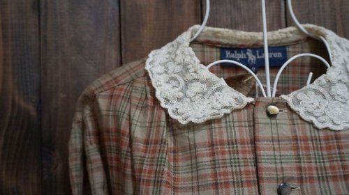 他の写真1: “ラルフローレン”チェック柄 ブラウン 長袖ブラウス レースカラー[15339]