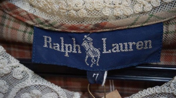 画像7: “ラルフローレン”チェック柄 ブラウン 長袖ブラウス レースカラー[15339]