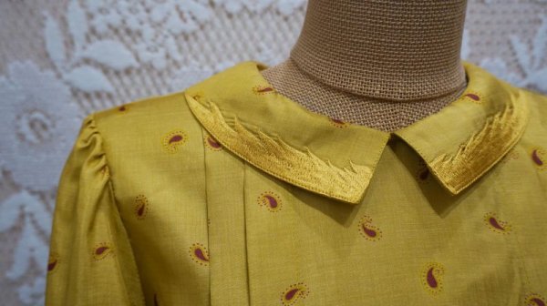 画像5: ペイズリー柄 マスタード 長袖 レトロワンピース  丸襟[55917]