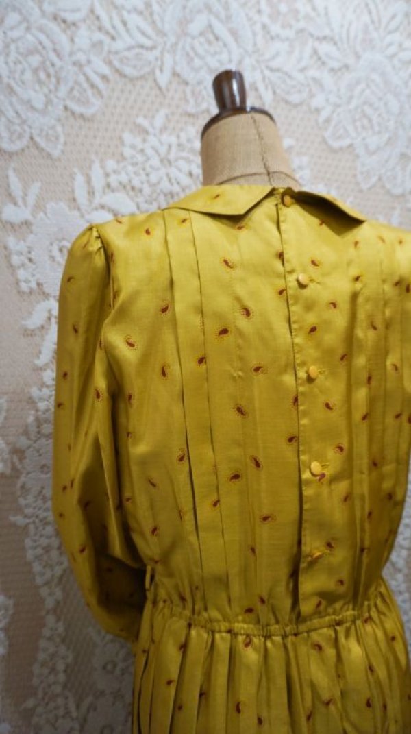 画像8: ペイズリー柄 マスタード 長袖 レトロワンピース  丸襟[55917]