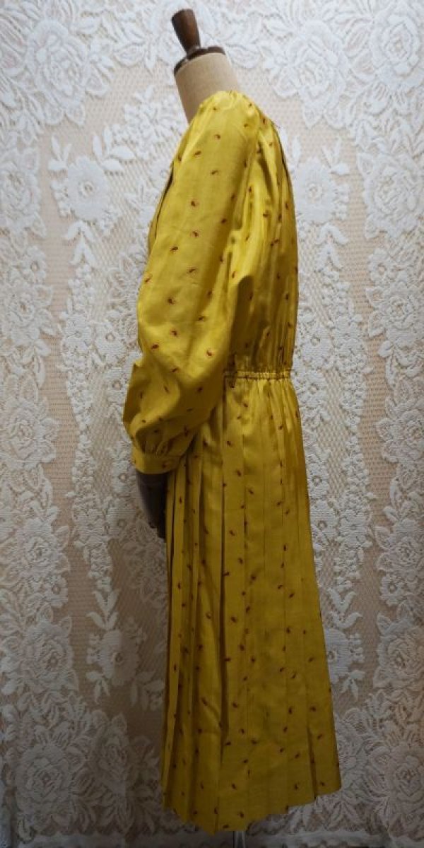 画像3: ペイズリー柄 マスタード 長袖 レトロワンピース  丸襟[55917]