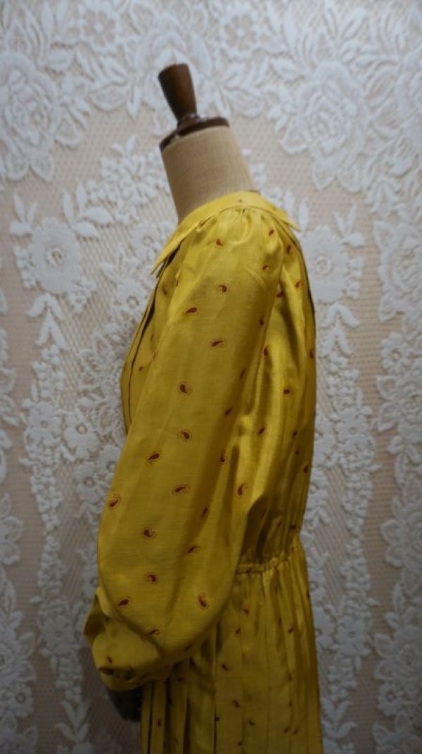 画像7: ペイズリー柄 マスタード 長袖 レトロワンピース  丸襟[55917]