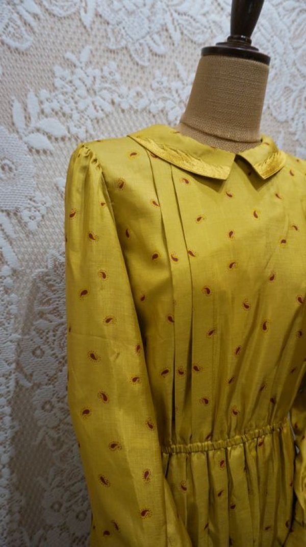 画像6: ペイズリー柄 マスタード 長袖 レトロワンピース  丸襟[55917]