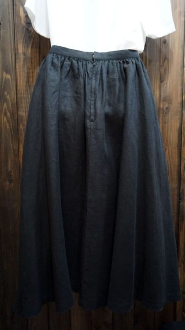 画像3: "ハナエモリ" 無地 ブラック リネン スカート フレア /w63cm [41603]