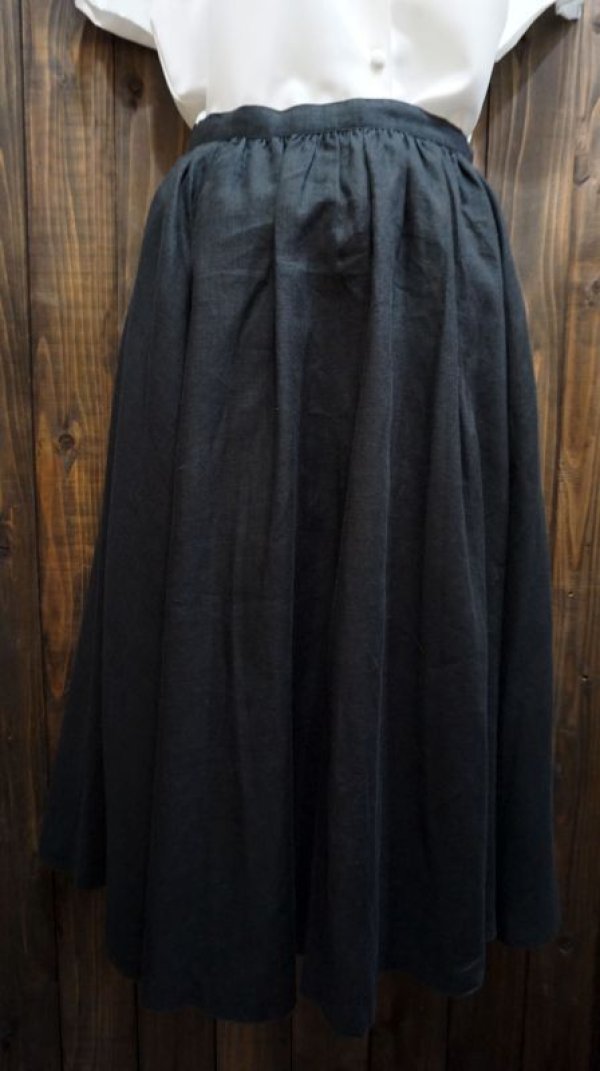 画像1: "ハナエモリ" 無地 ブラック リネン スカート フレア /w63cm [41603]