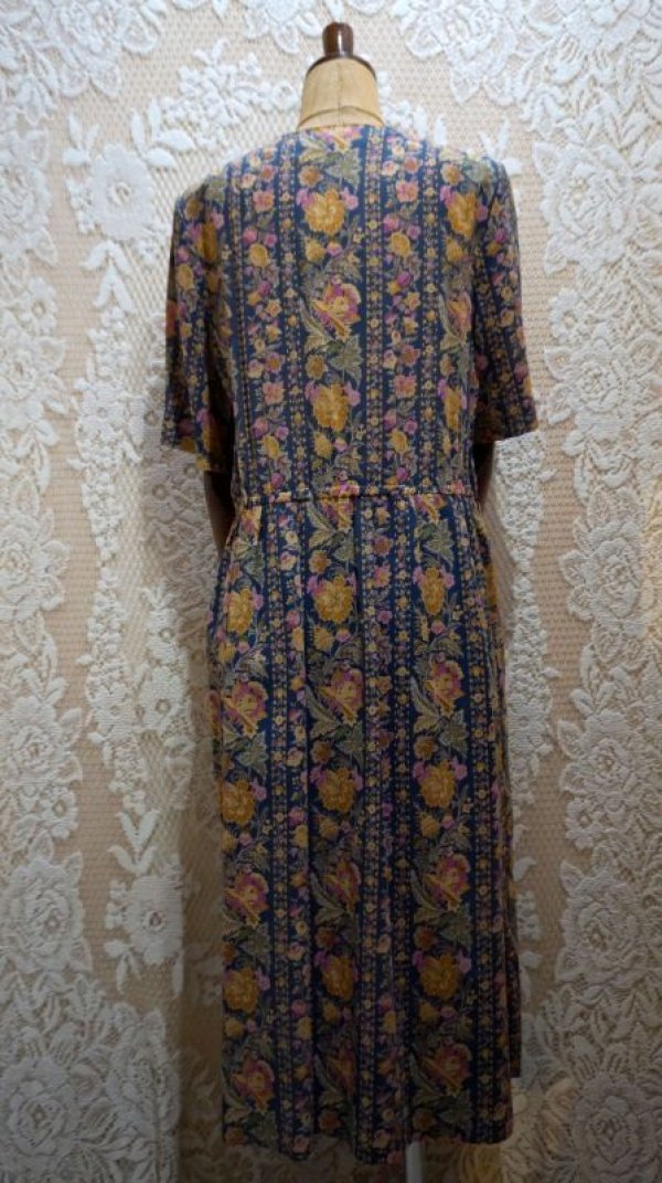 画像4: 花柄 ネイビー 半袖 レトロワンピース ノーカラー[52403]