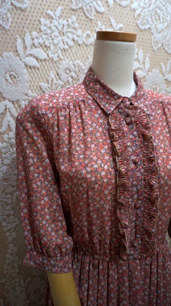 画像3: 花柄 半袖 レトロワンピース フリル プリーツ[52430]