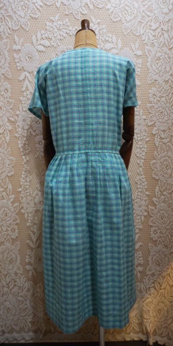 画像4: チェック柄 コットン 半袖ワンピースノーカラー[52437]