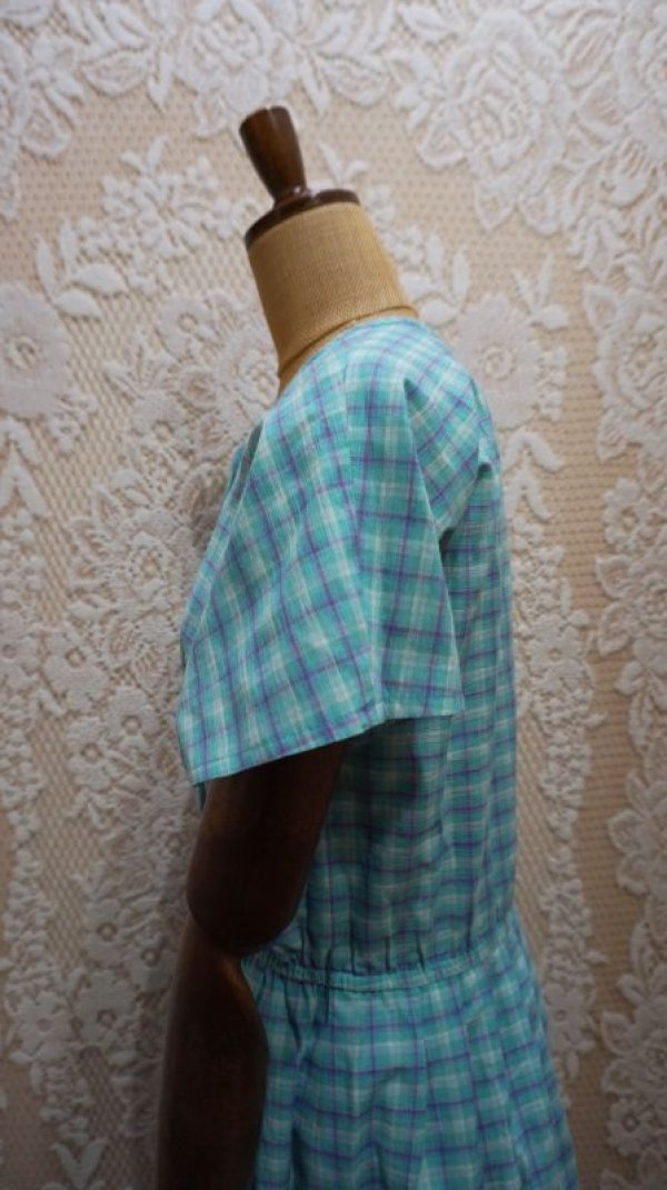 画像7: チェック柄 コットン 半袖ワンピースノーカラー[52437]