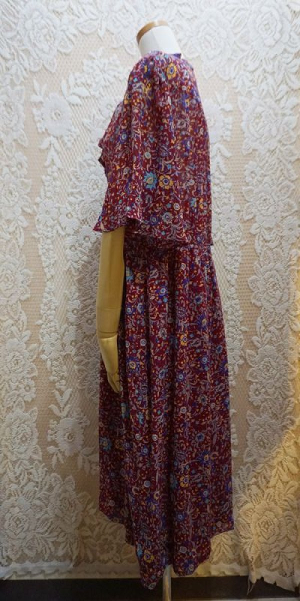 画像3: エスニック柄 赤 レトロワンピース ボウタイカラー [52498]