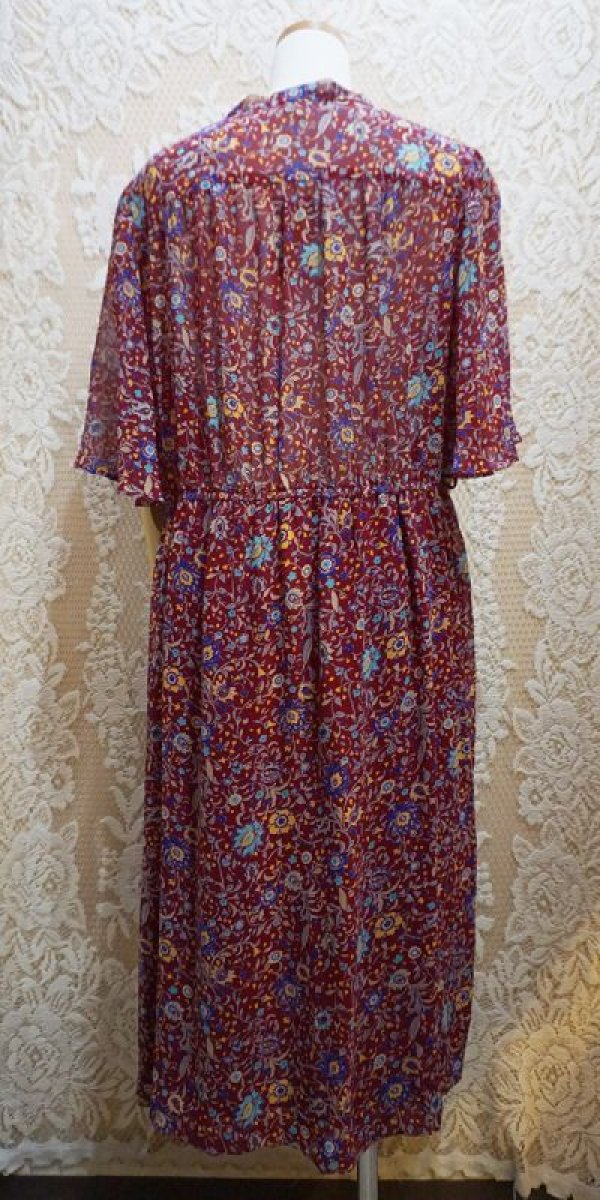 画像4: エスニック柄 赤 レトロワンピース ボウタイカラー [52498]