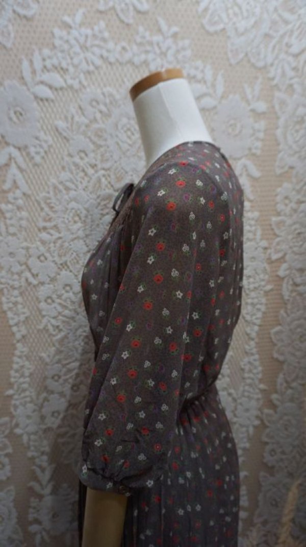 画像7: 花柄 ブラウン系 半袖 レトロワンピース ボウタイ ベルト付[52515]