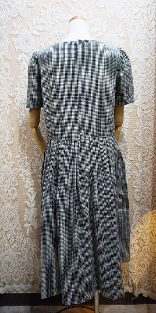 画像4: チェック柄 コットン 白黒 半袖 レトロワンピース 白襟 [52537]