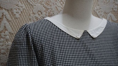 他の写真1: チェック柄 コットン 白黒 半袖 レトロワンピース 白襟 [52537]