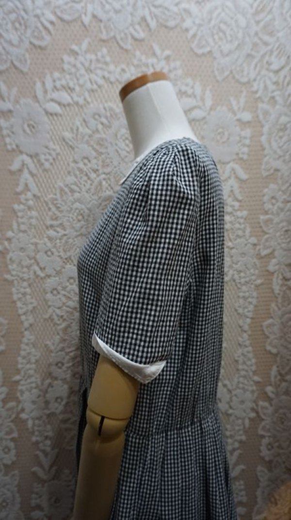 画像8: チェック柄 コットン 白黒 半袖 レトロワンピース 白襟 [52537]