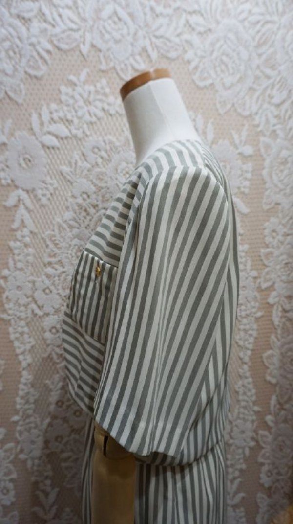 画像6: ストライプ柄 半袖 レトロワンピース ノーカラー [52536]