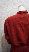 画像7: 紋章 リボン柄 赤 長袖 レトロセットアップ ワンピース レギュラーカラー [56048]