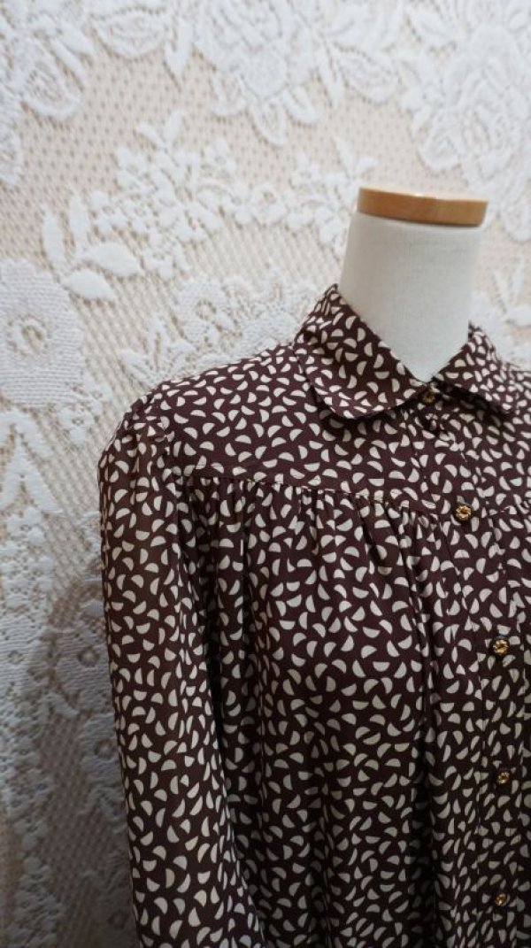 画像5: レトロ幾何学柄   ブラウン 長袖ワンピース  レギュラーカラー[56075]