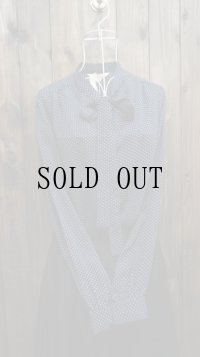 ドット柄 ネイビー 長袖 ブラウス ボウタイカラー[15852]