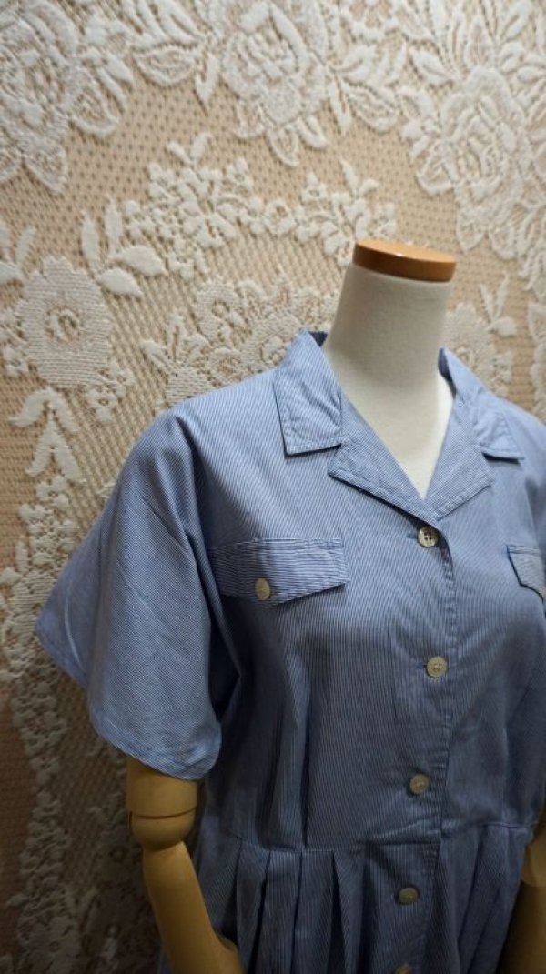 画像5: ストライプ柄 コットン レトロワンピース オープンカラー[52756]