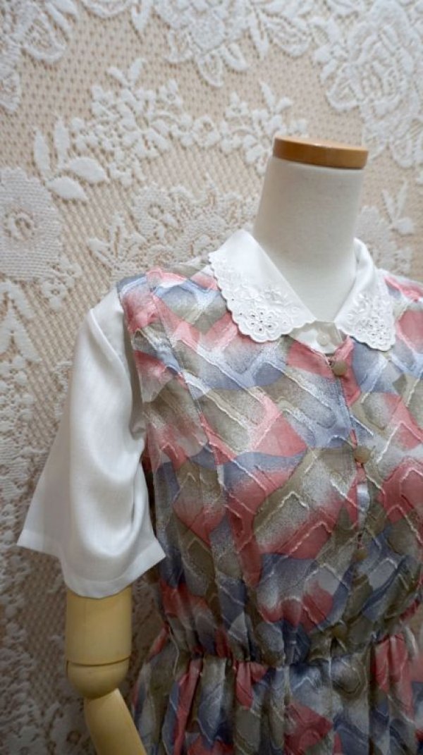 画像5: レトロ幾何学柄 ピンク ワンピース ノーカラー[52750]